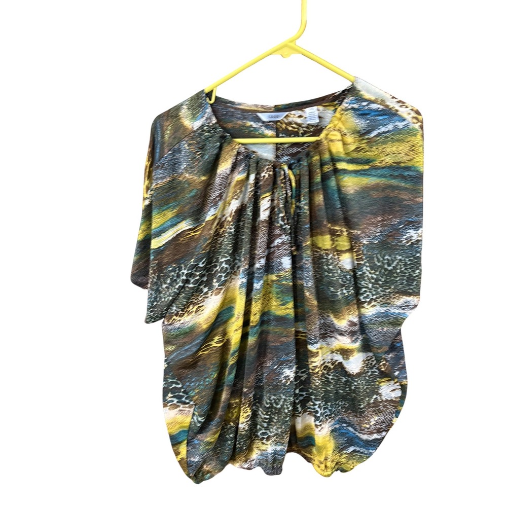 IZOD Womens Abstract Animal Print Bubble Hem Blouse Top Brown Yellow Green L